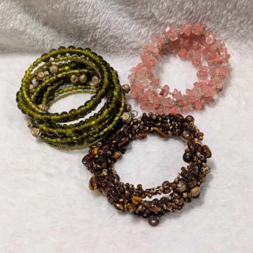 3 Pc Multi Strand Beaded Coil Wrap Bracelet Lot Earthy Boho Stack Set